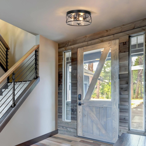 Modern Black 3-Light Drum Flush Mount Seeded Glass Ceiling Lights