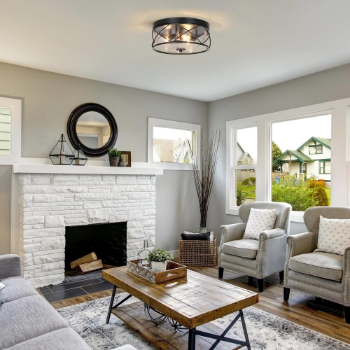 Modern Black 3-Light Drum Flush Mount Seeded Glass Ceiling Lights