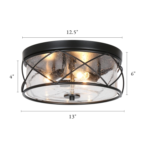 Modern Black 3-Light Drum Flush Mount Seeded Glass Ceiling Lights