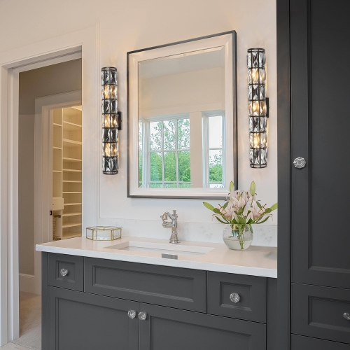 Modern Glam 3-Light Black Crystal Linear Bathroom Vanity Light Cylinder Wall Sconces