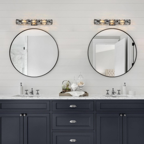 Modern Glam 3-Light Black Crystal Linear Bathroom Vanity Light Cylinder Wall Sconces