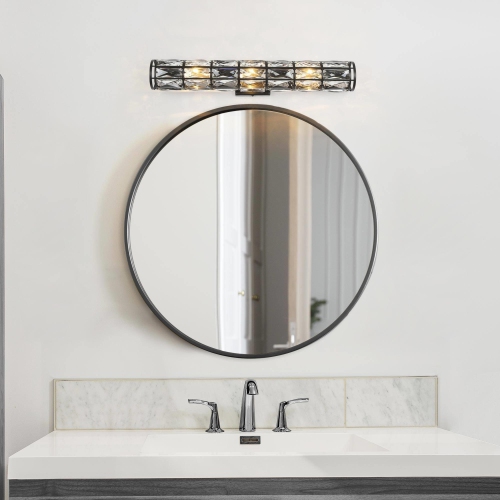 Modern Glam 3-Light Black Crystal Linear Bathroom Vanity Light Cylinder Wall Sconces