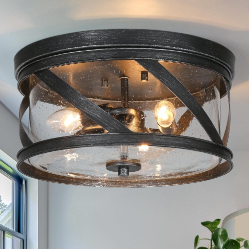 Modern Industrial 3-Light Seeded Glass Drum Flush Mount Ceiling Light