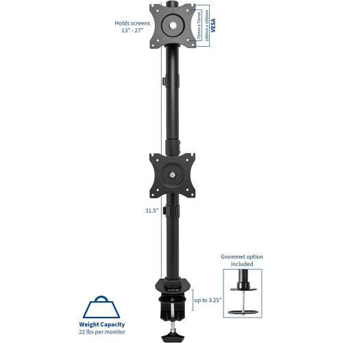 Dual Computer Monitor Desk Mount Stand Vertical Array for 2 Screens up to 27 inches STAND-V002R