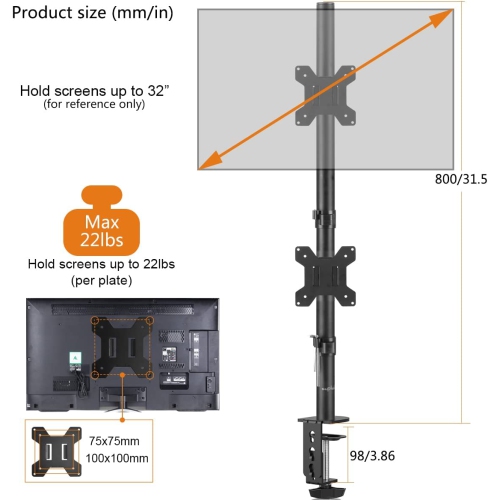 Bracwiser Dual Vertical Fully Adjustable Monitor Arm Stand Mount Fits Two Screen 13-32 inch 22lbs for Monitor Computer Screen 13 15 17 19 20 22 23 24