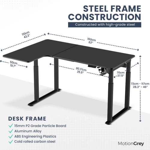 MotionGrey Pro Adjustable Left L-Shaped Electric Standing Desk with Memory Settings - 63"x43" Black Top Black Frame - Ergonomic Desk for Home and