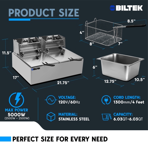 Biltek Double Deep Fryer with Baskets for Home Use and Small Business, Commercial Electric Deep Fryer, 2 x Large Removable Baskets, Outdoor Electric