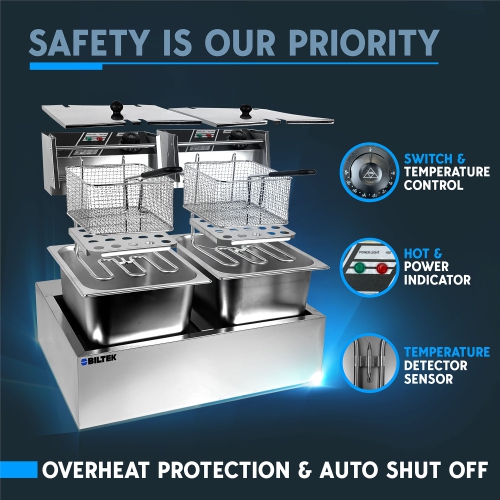Biltek Double Deep Fryer with Baskets for Home Use and Small Business, Commercial Electric Deep Fryer, 2 x Large Removable Baskets, Outdoor Electric