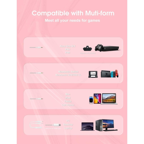 Lightweight Pink Gaming Headset with Removable Cat Ears, RGB Lights, Surround Sound & Noise-Cancelling Mic – Compatible with PC, PS4/PS5, Xbox, Switch