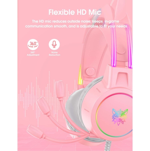Lightweight Pink Gaming Headset with Removable Cat Ears, RGB Lights, Surround Sound & Noise-Cancelling Mic – Compatible with PC, PS4/PS5, Xbox, Switch