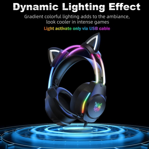 Gaming Headset with Cat Ears, RGB LED Lights & Microphone, Stereo Surround Sound, Noise-Canceling Over-Ear Headphones, Adjustable for PC, PS4, PS5,