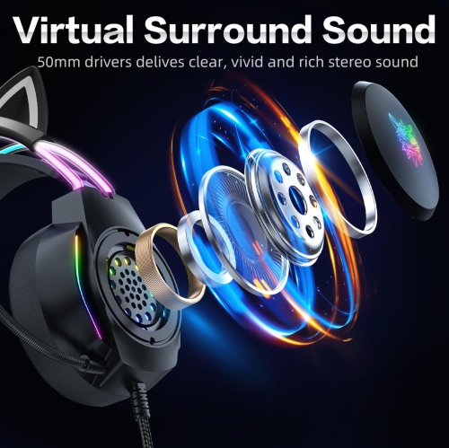 Gaming Headset with Cat Ears, RGB LED Lights & Microphone, Stereo Surround Sound, Noise-Canceling Over-Ear Headphones, Adjustable for PC, PS4, PS5,