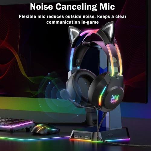 Gaming Headset with Cat Ears, RGB LED Lights & Microphone, Stereo Surround Sound, Noise-Canceling Over-Ear Headphones, Adjustable for PC, PS4, PS5,