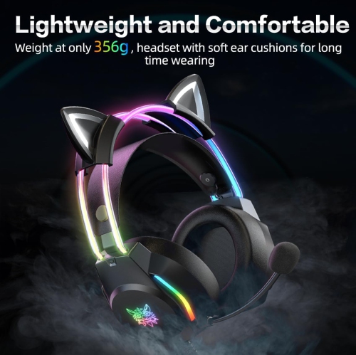 Gaming Headset with Cat Ears, RGB LED Lights & Microphone, Stereo Surround Sound, Noise-Canceling Over-Ear Headphones, Adjustable for PC, PS4, PS5,