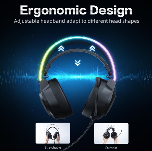 Gaming Headset with Cat Ears, RGB LED Lights & Microphone, Stereo Surround Sound, Noise-Canceling Over-Ear Headphones, Adjustable for PC, PS4, PS5,