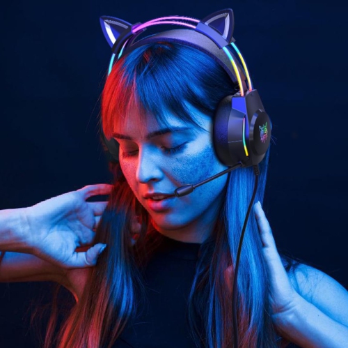 Gaming Headset with Cat Ears, RGB LED Lights & Microphone, Stereo Surround Sound, Noise-Canceling Over-Ear Headphones, Adjustable for PC, PS4, PS5,
