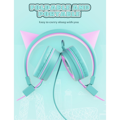 Cat Ear Kids Headphones for School, Wired Foldable Headphones with Adjustable Headband, 3.5mm Jack for Online Learning, Tablet, iPad, Computer –