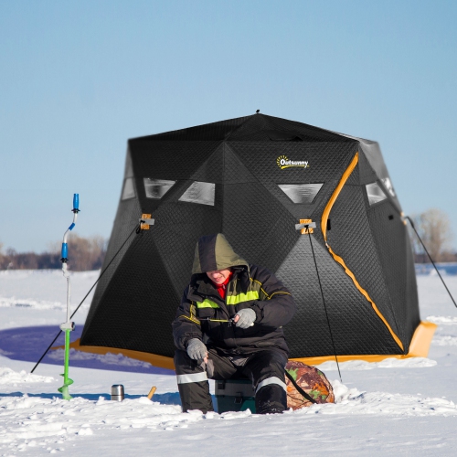 Outsunny 4 Person Insulated Ice Fishing Tent, Pop-Up Portable Ice Fishing Shelter with Carry Bag, Two Doors and Anchors for -22℉, Black