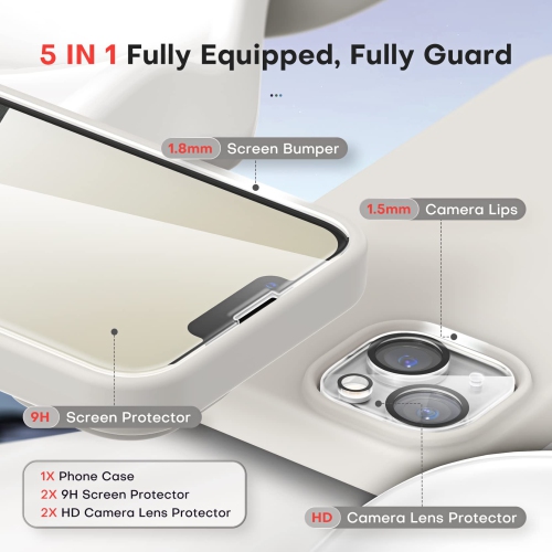 TOCOL 5 in 1 for iPhone 14 Case, with 2 Pack Screen Protector + 2 Pack Camera Lens Protector, Slim Liquid Silicone Phone C