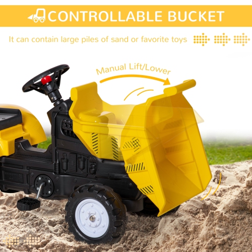 Aosom Ride on Excavator, Pedal Ride on Tractor Toy with Manual Control Bucket, Pretend Play Construction Car for Kids & Toddlers, 3-6 Years Old,