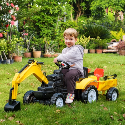 Pelle-pelleteuse d'Aosom, tracteur à pédales avec klaxon et remorque amovible, voiture de construction pour enfants et tout-petits, 3-6 ans, jaune