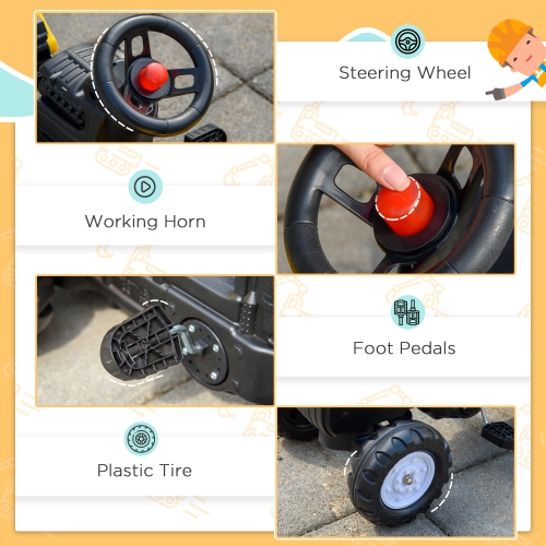 Pelle-pelleteuse d'Aosom, tracteur à pédales avec klaxon et remorque amovible, voiture de construction pour enfants et tout-petits, 3-6 ans, jaune