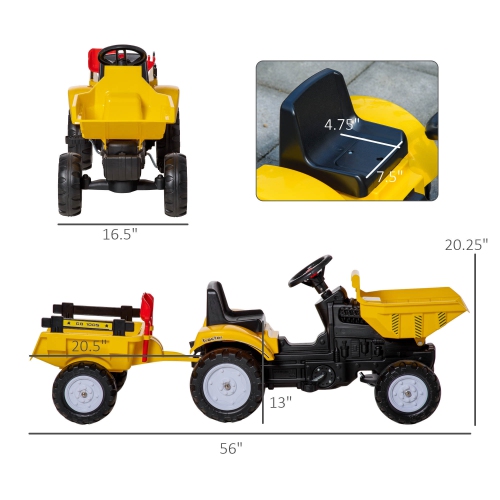 Aosom Ride On Toy Dump Truck, Pedal Front Loader Tractor with Detachable Trailer, Pretend Play Ride on Construction Car for Kids & Toddlers, 3-6