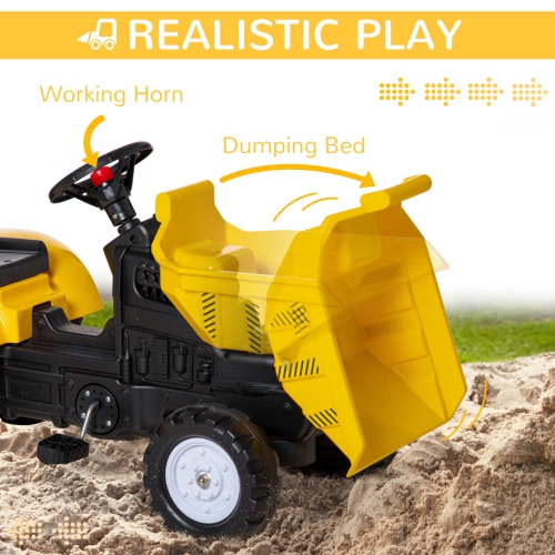 Aosom Ride On Toy Dump Truck, Pedal Front Loader Tractor with Detachable Trailer, Pretend Play Ride on Construction Car for Kids & Toddlers, 3-6