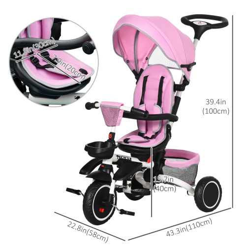 Aosom 6-in-1 Toddler Tricycle for 12-50 Months, Foldable Kids Trike with Adjustable Seat and Push Handle, Safety Harness, Removable Canopy, Footrest,