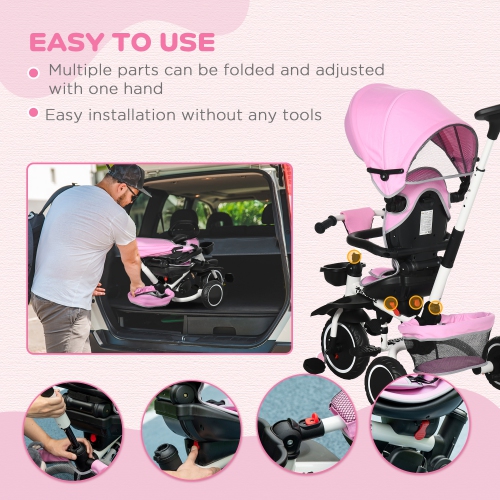 Aosom 6-in-1 Toddler Tricycle for 12-50 Months, Foldable Kids Trike with Adjustable Seat and Push Handle, Safety Harness, Removable Canopy, Footrest,