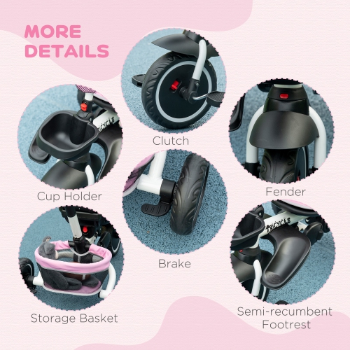 Aosom 6-in-1 Toddler Tricycle for 12-50 Months, Foldable Kids Trike with Adjustable Seat and Push Handle, Safety Harness, Removable Canopy, Footrest,