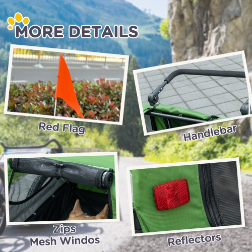 Aosom Dog Bike Trailer, 2-in-1 Dog Wagon Pet Stroller for Travel with Universal Wheel Reflectors Flag, for Small and Medium Dogs, Green