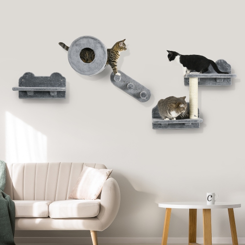 PawHut Cat Wall Shelves, 4 Piece Cat Wall Furniture with Condo, Scratching Post, Platforms, 3 Steps for Relaxing, Climbing, Sleeping, Grey
