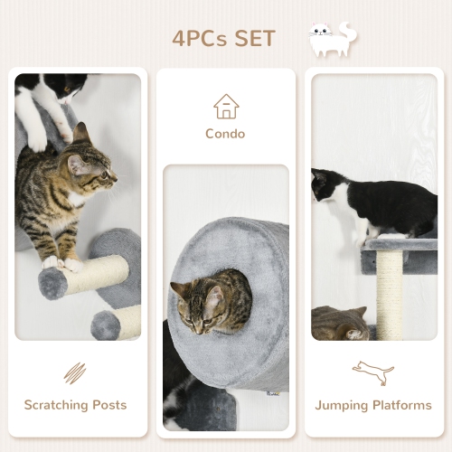 PawHut Cat Wall Shelves, 4 Piece Cat Wall Furniture with Condo, Scratching Post, Platforms, 3 Steps for Relaxing, Climbing, Sleeping, Grey