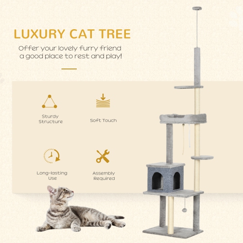 PawHut Cat Tree Floor to Ceiling Cat Tower Height Adjustable( 85-101 Inches), Tall Large Cat Climbing Activity Center with Scratching Posts Cat Condo