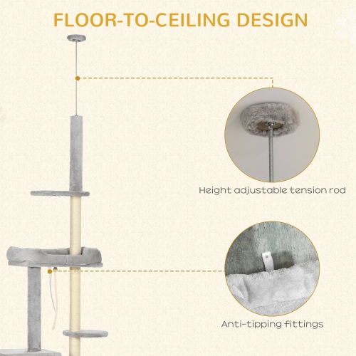 PawHut Cat Tree Floor to Ceiling Cat Tower Height Adjustable( 85-101 Inches), Tall Large Cat Climbing Activity Center with Scratching Posts Cat Condo