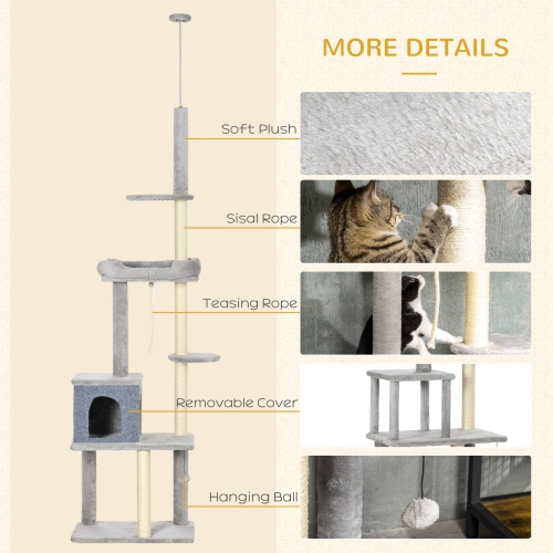 PawHut Cat Tree Floor to Ceiling Cat Tower Height Adjustable( 85-101 Inches), Tall Large Cat Climbing Activity Center with Scratching Posts Cat Condo