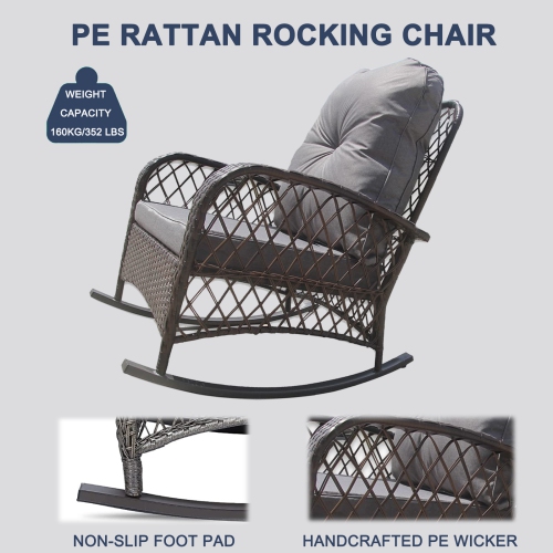 Furniture One PE Rattan Rocking Chair Garden Furniture Patio Relaxer Outdoor Wicker Conservatory w/ Cushion Grey