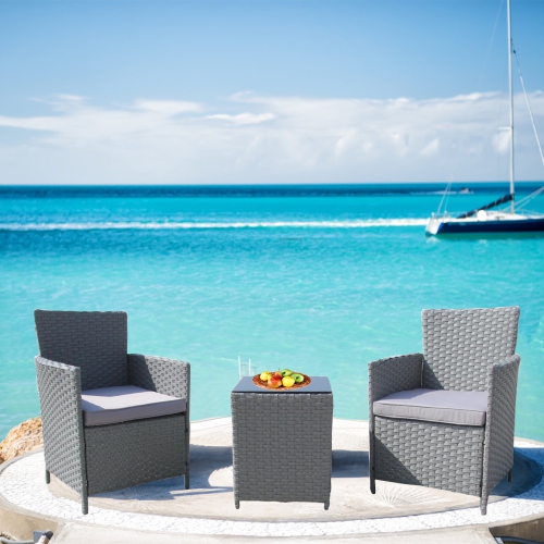 FURNITURE ONE  Rattan Wicker 3 Piece Bistro Set With Cushion(3PCs) In Grey