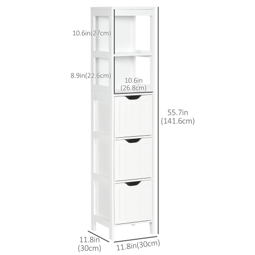 kleankin Narrow Bathroom Cabinet with 3 Drawers and 2 Tier Shelf, Tall Cupboard Freestanding Linen Tower, White