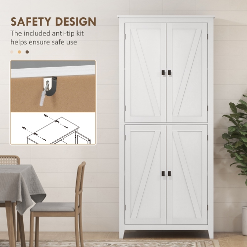 HOMCOM 72" Farmhouse Kitchen Pantry Cabinet, Buffet Storage Cabinet with 4 Barn Doors and Adjustable Shelves, White