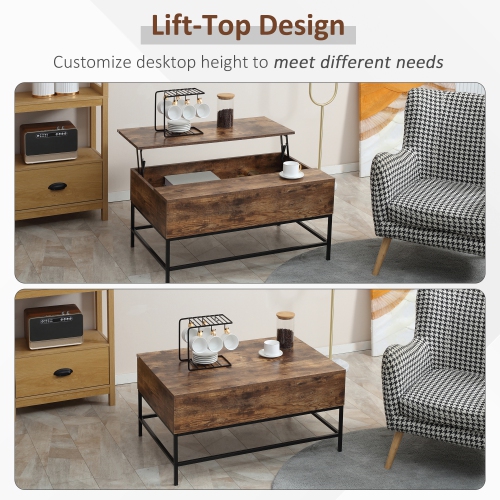 HOMCOM Lift Top Coffee Table with Hidden Storage Compartment Lift Tabletop Center Table for Living Room, Rustic Brown