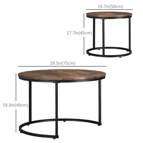 Tables gigognes HOMCOM, table basse ronde de 29 po, ensemble de 2, tables d'appoint modernes pour salon avec base en métal, brun rustique
