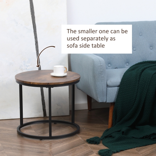 Tables gigognes HOMCOM, table basse ronde de 29 po, ensemble de 2, tables d'appoint modernes pour salon avec base en métal, brun rustique