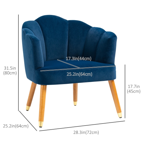 HOMCOM Modern Accent Chairs with Cushioned Seat, Upholstered Velvet Armchair for Bedroom, Living Room Chair with Arms and Wood Legs, Blue