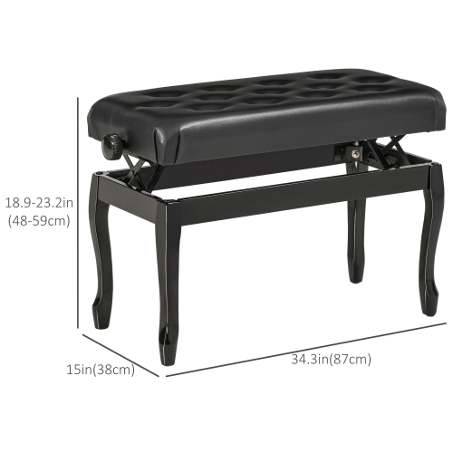 HOMCOM Tabouret de piano à hauteur réglable, siège de clavier rembourré en cuir PU avec boutons touffetés et pieds en bois de caoutchouc brillant,