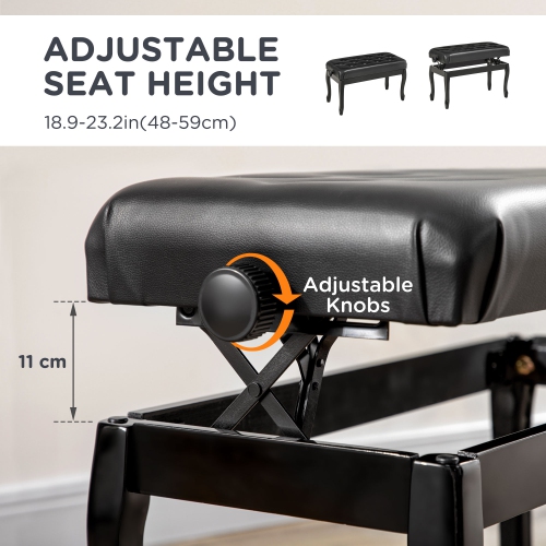 HOMCOM Tabouret de piano à hauteur réglable, siège de clavier rembourré en cuir PU avec boutons touffetés et pieds en bois de caoutchouc brillant,