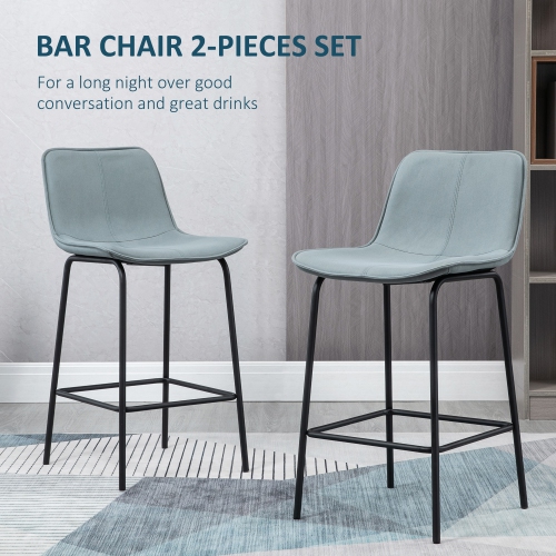 HOMCOM Bar Stools Set of 2, Upholstered Counter Height Bar Chairs, 26" Kitchen Stools with Steel Legs for Dining Area, Kitchen Aisle, Light Grey