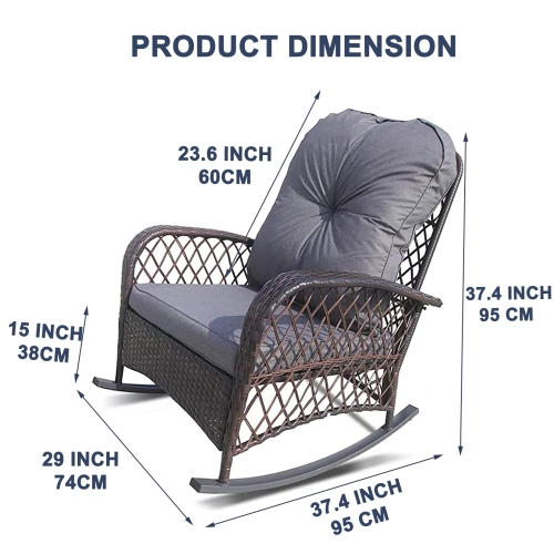 Chaise berçante en rotin tout-en-un 2 PIÈCES de mobilier de jardin Meubles de patio défaxer extérieur en osier avec coussin gris
