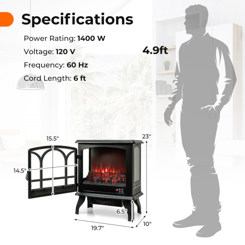 Costway 23" Freestanding Electric Fireplace Heater Stove W/ Realistic Flame Effect 1400W